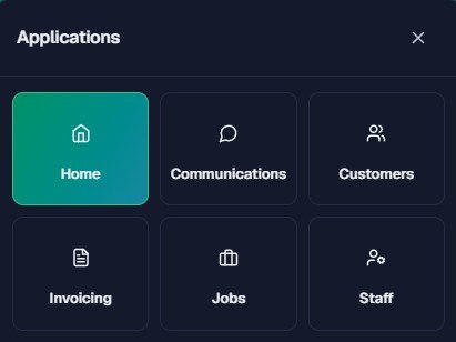 The Applications launcher showing the Home, Communications, Customers, Invoicing, Jobs and Staff modules