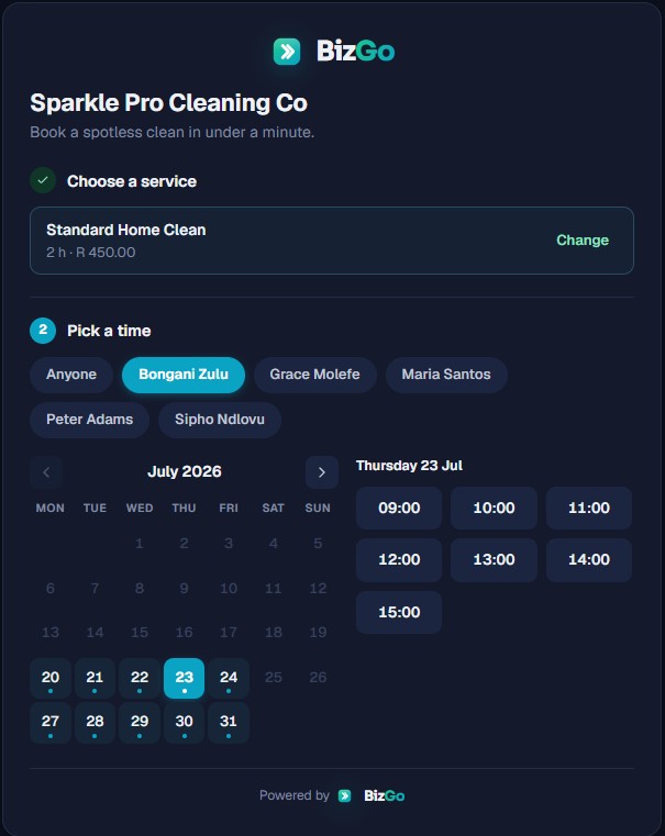 The public booking page: pick a service and a time slot from the live availability grid, then request the booking