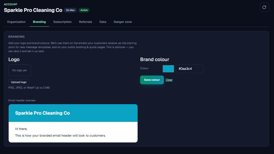 Brand setup screen with logo upload, brand colour picker and a live branded email header preview