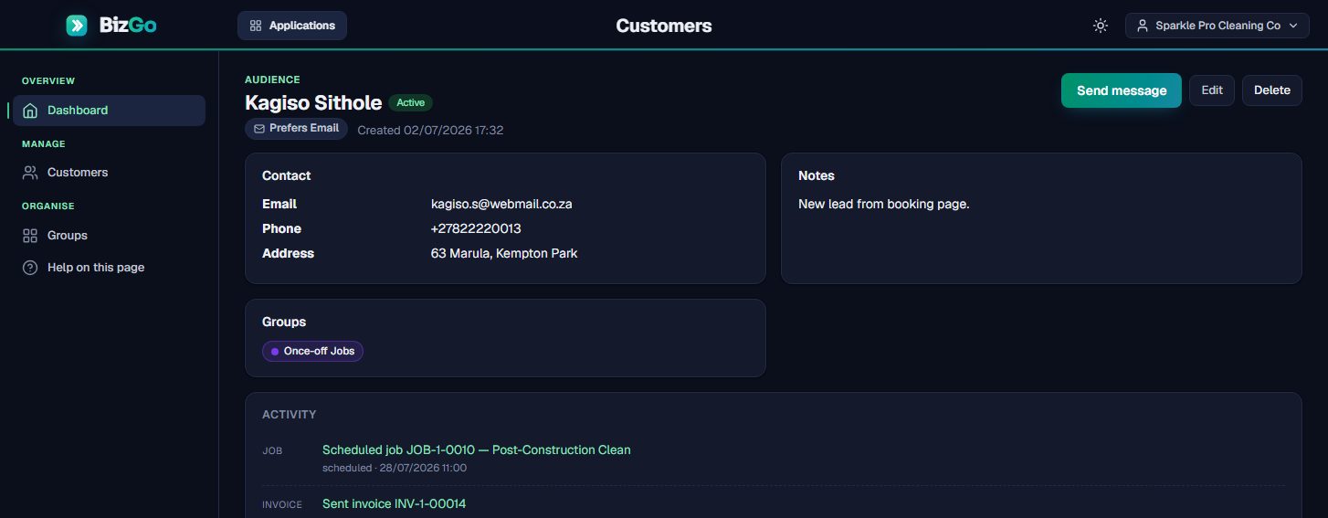 A customer profile showing contact details, preferred channel, groups, notes and an activity timeline of jobs and invoices