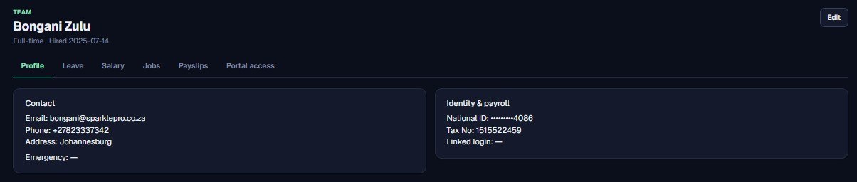 An employee profile with tabs for profile, leave, salary, jobs, payslips and portal access