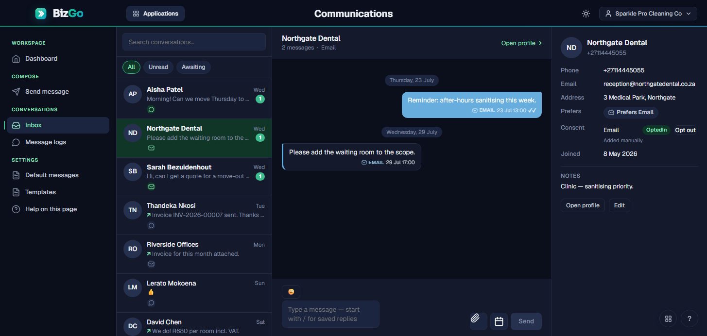 The unified inbox: email conversations threaded per customer, with the customer's profile, consent and notes alongside the chat