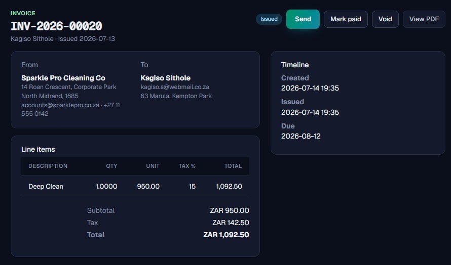 An issued invoice with line items, totals, timeline and Send, Mark paid, Void and View PDF actions