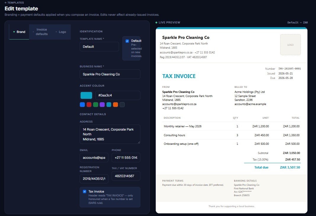 Invoice template designer with brand settings on the left and a live tax-invoice PDF preview on the right