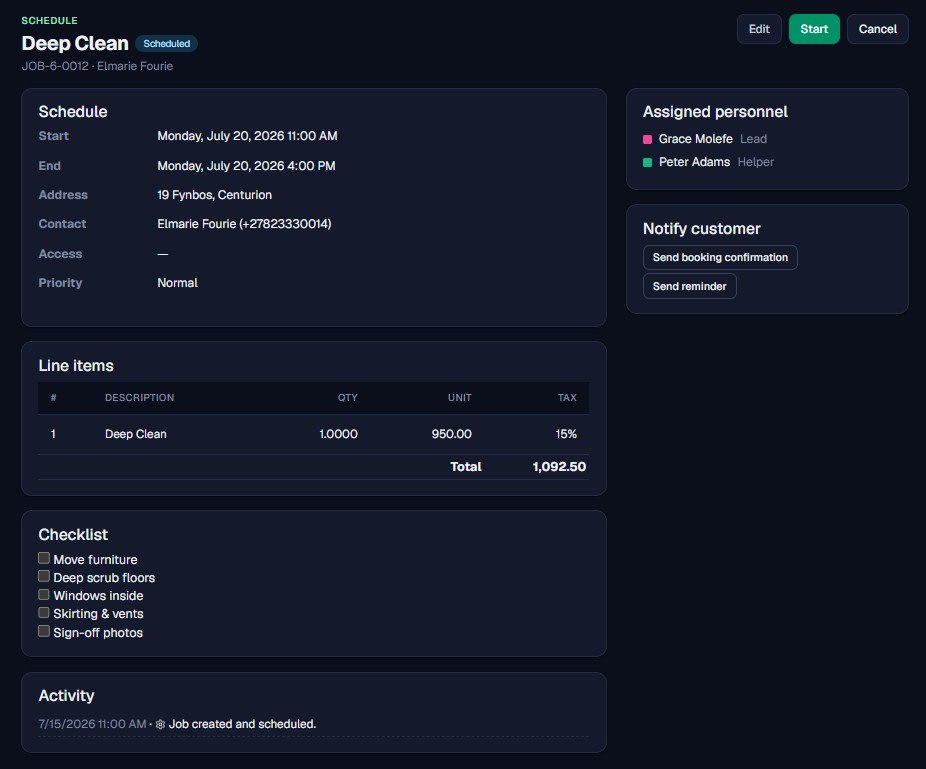 A job card showing schedule, site details, assigned personnel, billable line items, a checklist and customer notification buttons