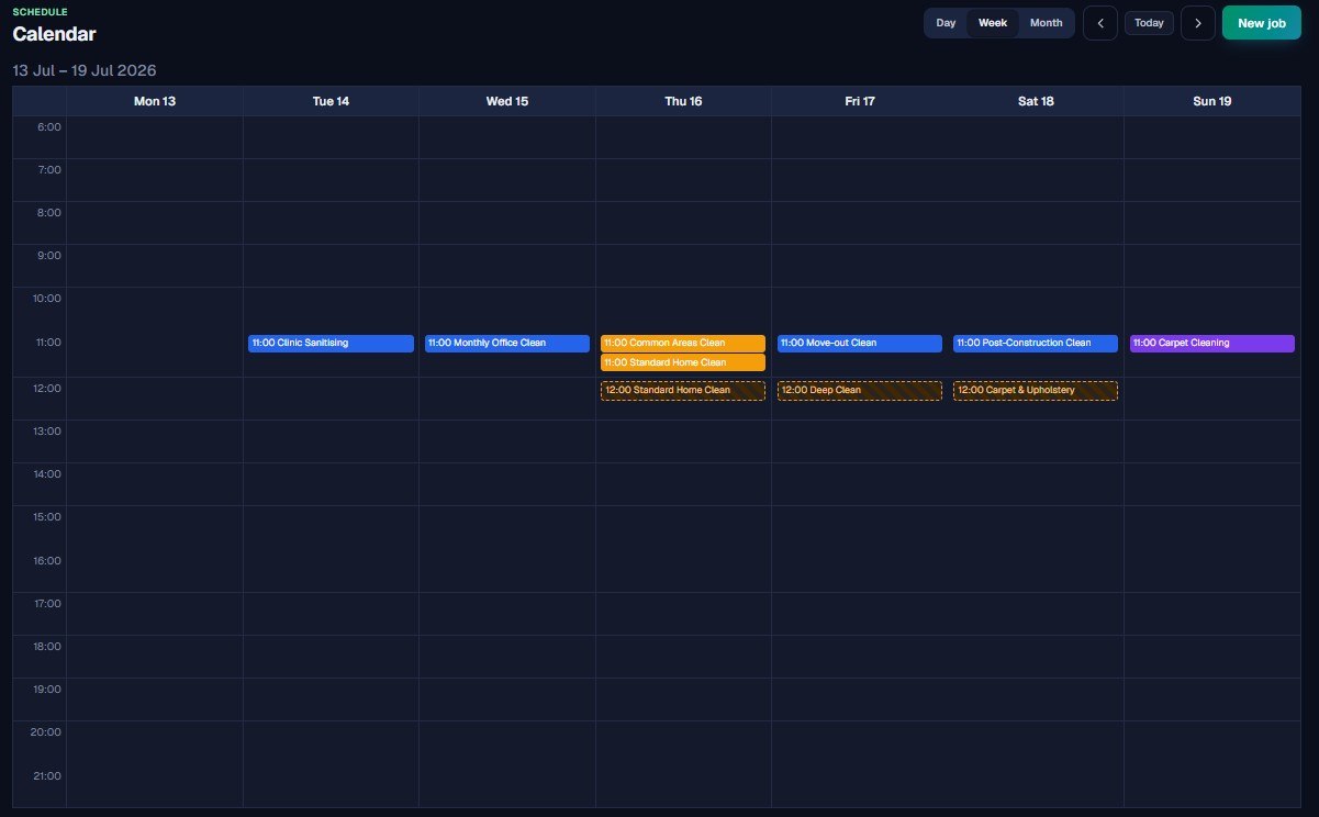The week calendar with colour-coded scheduled and recurring jobs