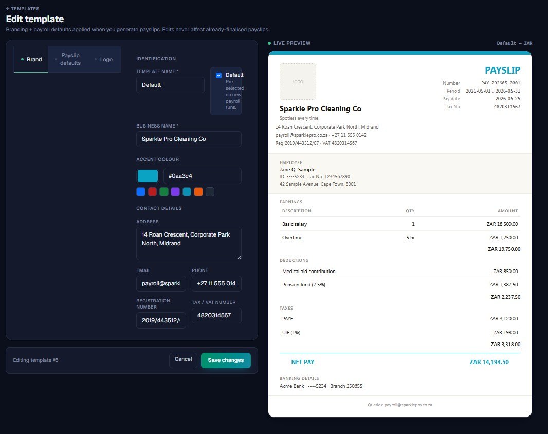 Payslip template designer with a live preview showing earnings, deductions, taxes and net pay