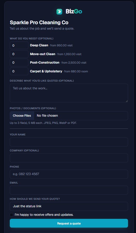 The public quote-request form: pick services from the catalog, describe the work, attach photos and choose how to be notified
